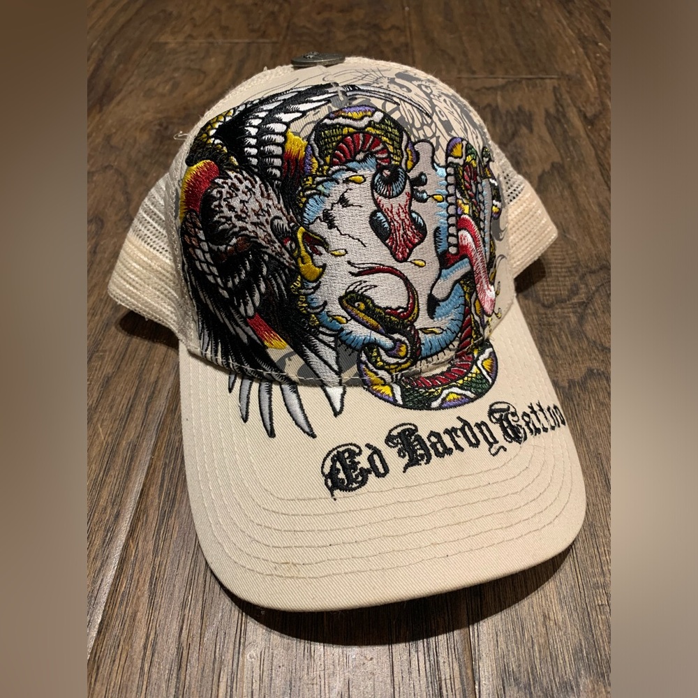 Ed Hardy Cream Embroidered Trucker Hat with Snake & Vulture Motif